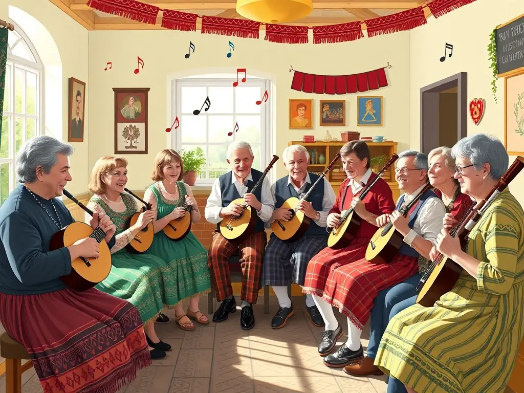 A vibrant image showing participants in a traditional Breton music workshop, learning to play local instruments and sing traditional songs. The scene should be lively and engaging, showcasing the cultural richness of the region.