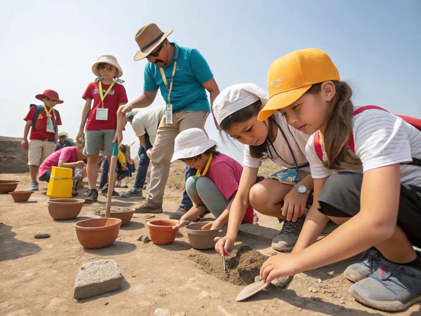 A photograph capturing a group of students participating in an archaeological dig at a historical site along the Tro-Breiz route, supervised by experienced archaeologists. The image should convey a sense of discovery and hands-on learning.