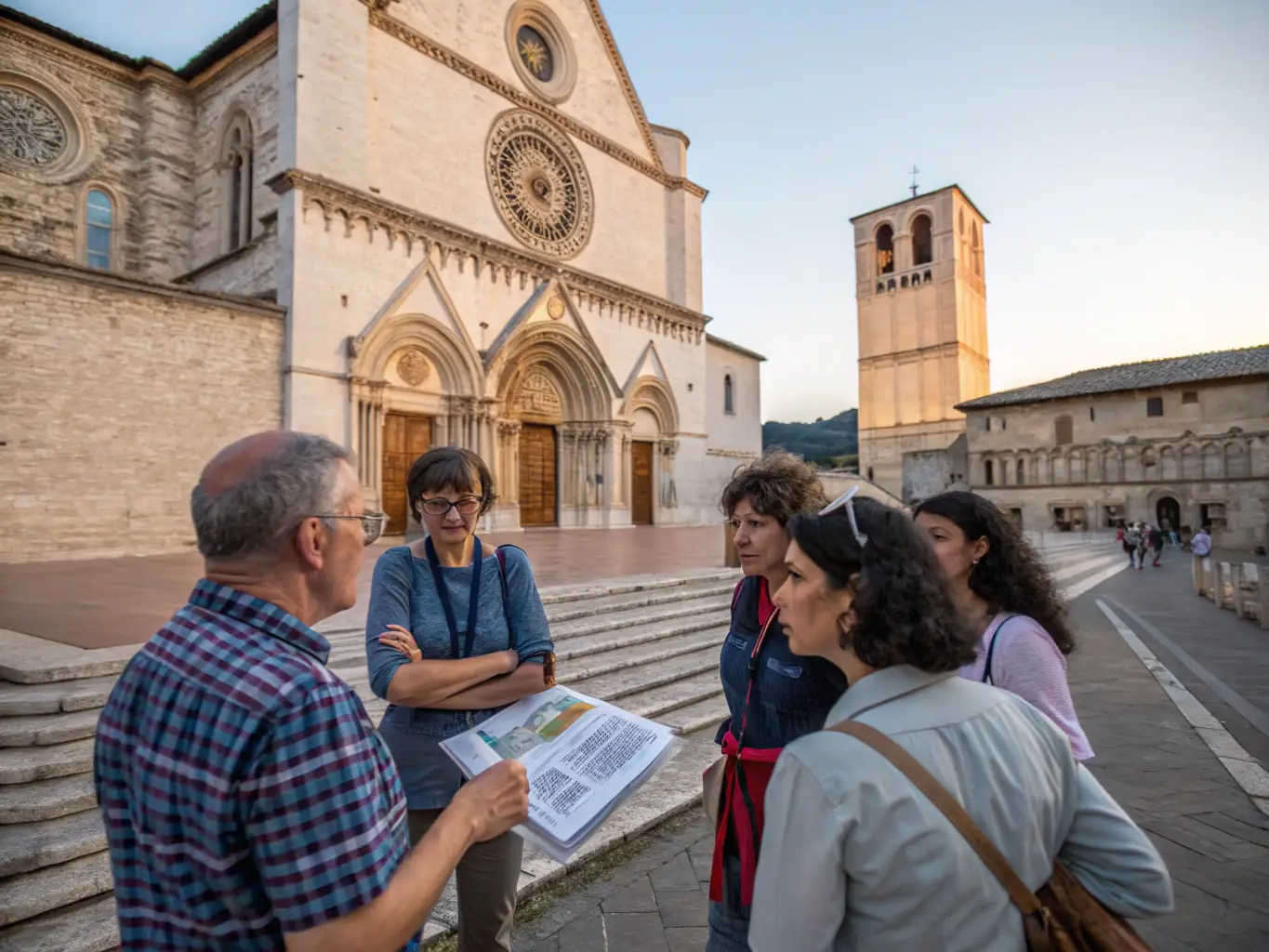 A photograph depicting a guided tour group exploring a historical church along the Tro-Breiz route, with the guide pointing out architectural details and sharing historical anecdotes. The image should highlight the educational aspect of the tour.