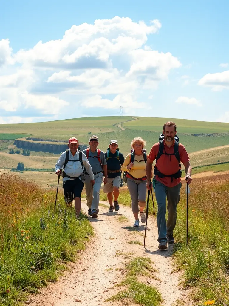 A group of adults participating in a guided walking tour along a section of the Tro-Breiz route, led by a knowledgeable historian.